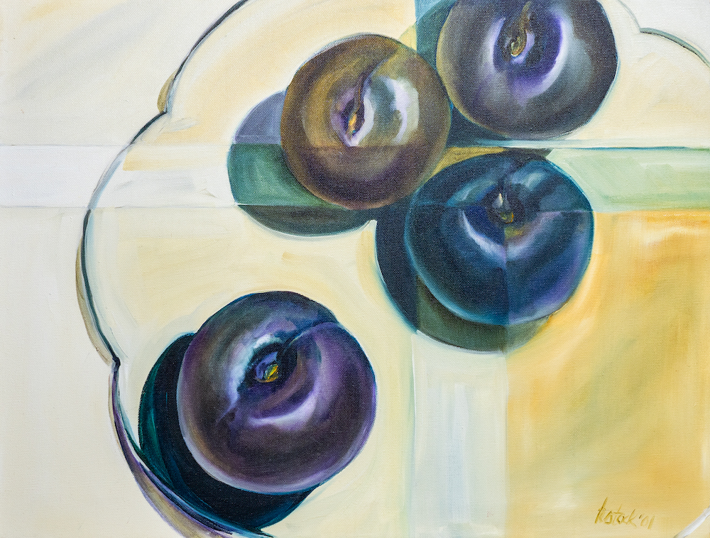 Plums, Kathy Stock, oil on canvas, 25 x 14 inches, 2001