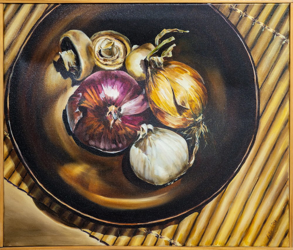 Onions, Kathy Stock, oil on canvas, 24.5 x 21 inches, 2001