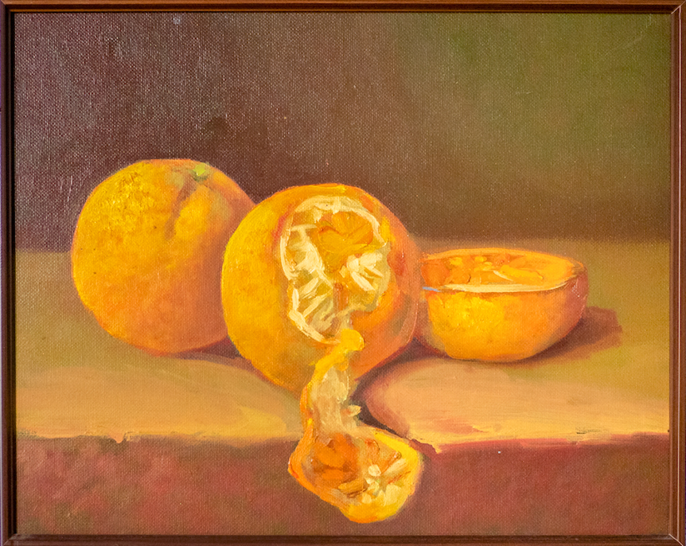 Oranges, Kathy Purdin, oil on masonite board, 20 x 17.5 inches